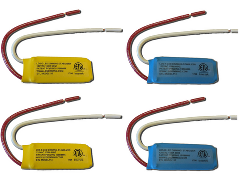 Sample Pack: Four LED Dimming Stabilizers - (2) blue LDS-R and (2) yellow LDS-E (includes shipping)